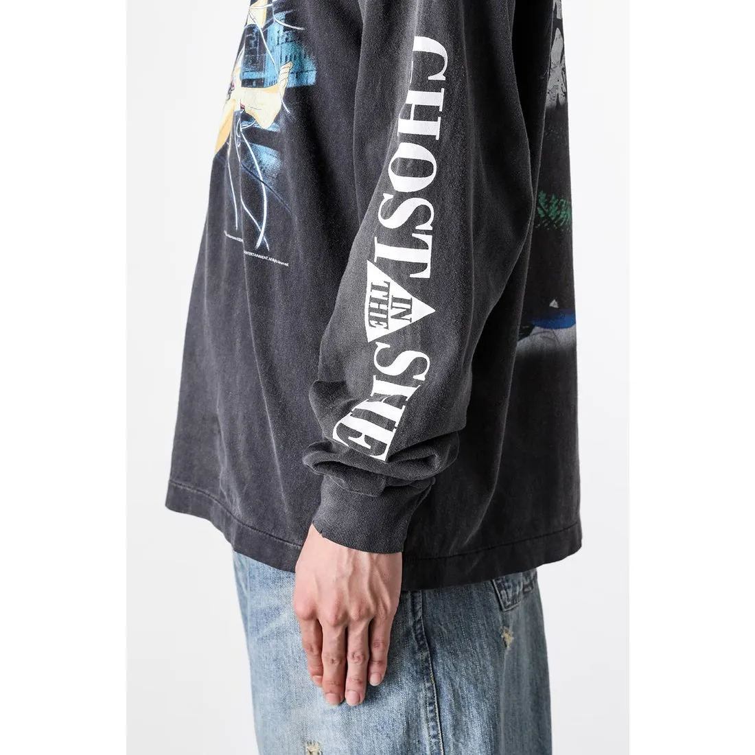 SAINT Mxxxxxx × GHOST IN THE SHELL Ghost in the Shell GS_LS TEE/GITS/BLK Big IP Ghost in the Shell co-branded model Sleeping Motoko Kusanagi Retro distressed long sleeves with holes Washed black S-XL